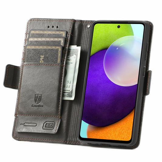 Front view of business flip case showing card slot compartments and magnetic buckle detail
