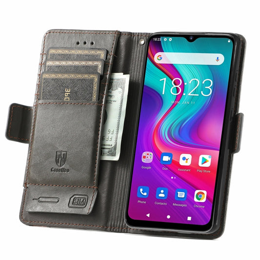Dual magnetic buckle closure on brown and black spliced leather phone protective case with stand