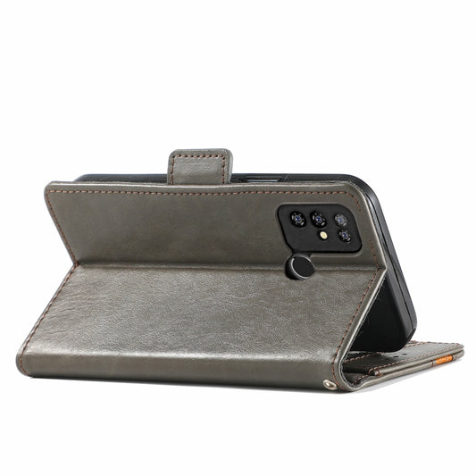 Business leather flip case displaying interior card slots, cash pocket, and magnetic button design details