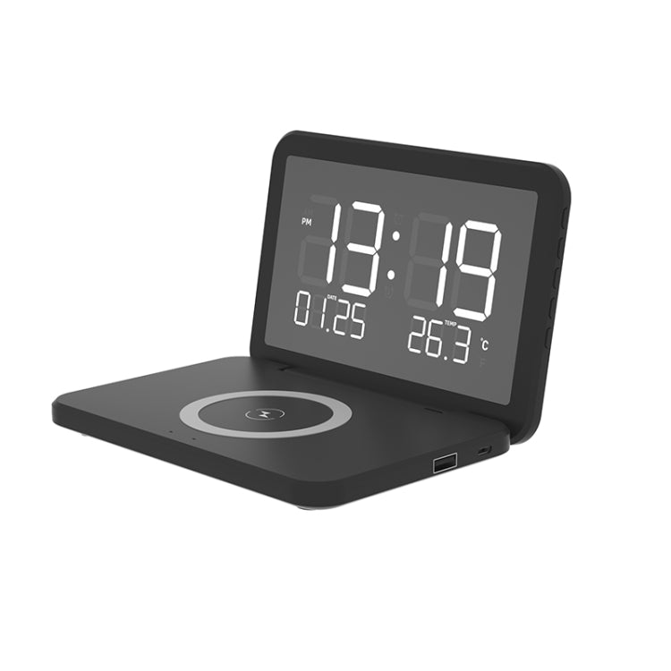 Horloge de bureau pliable SY-118 15 W avec calendrier perpétuel, surface miroir, chargeur sans fil, réveil et luminosité réglable sur trois niveaux, SY-118 noir, SY-118 blanc