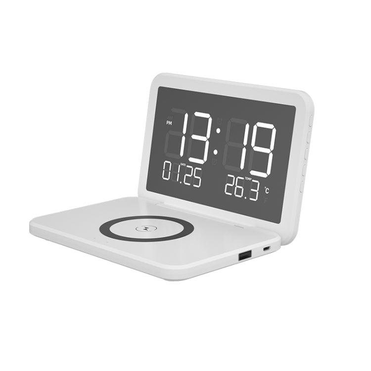 Horloge de bureau pliable SY-118 15 W avec calendrier perpétuel, surface miroir, chargeur sans fil, réveil et luminosité réglable sur trois niveaux, SY-118 noir, SY-118 blanc