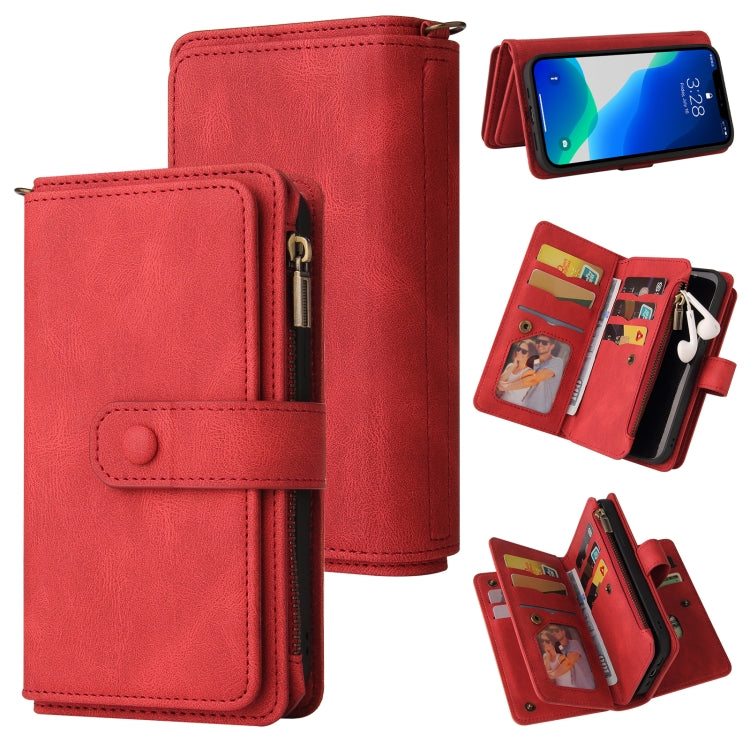 Skin Feel PU + TPU Horizontal Flip Leather Case with Holder & 15 Cards Slot & Wallet & Zipper Pocket & Lanyard, For iPhone 13 Pro Max, For iPhone 13 Pro, For iPhone 13, For iPhone 13 mini, For iPhone 12 Pro Max, For iPhone 12 / 12 Pro