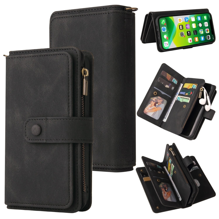 Skin Feel PU + TPU Horizontal Flip Leather Case with Holder & 15 Cards Slot & Wallet & Zipper Pocket & Lanyard, For iPhone 13 Pro Max, For iPhone 13 Pro, For iPhone 13, For iPhone 13 mini, For iPhone 12 Pro Max, For iPhone 12 / 12 Pro