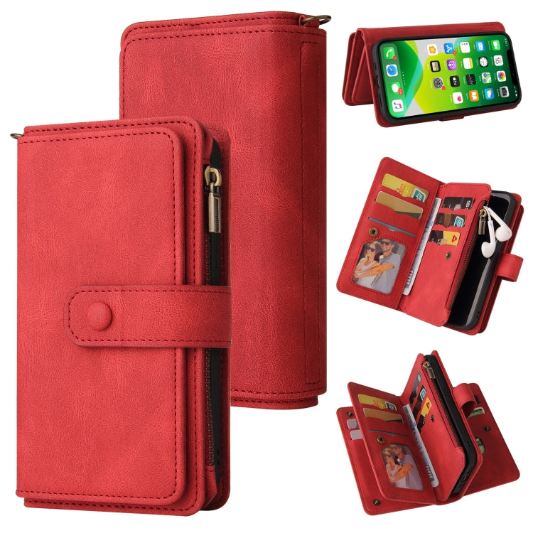 Skin Feel PU + TPU Horizontal Flip Leather Case with Holder & 15 Cards Slot & Wallet & Zipper Pocket & Lanyard, For iPhone 13 Pro Max, For iPhone 13 Pro, For iPhone 13, For iPhone 13 mini, For iPhone 12 Pro Max, For iPhone 12 / 12 Pro