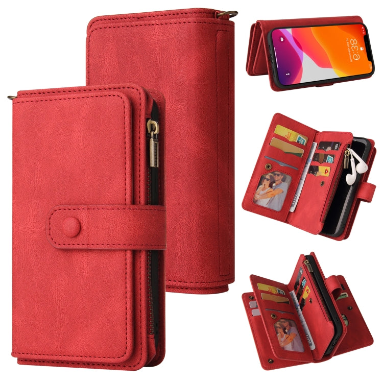 Skin Feel PU + TPU Horizontal Flip Leather Case with Holder & 15 Cards Slot & Wallet & Zipper Pocket & Lanyard, For iPhone 13 Pro Max, For iPhone 13 Pro, For iPhone 13, For iPhone 13 mini, For iPhone 12 Pro Max, For iPhone 12 / 12 Pro