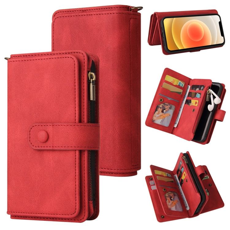 Skin Feel PU + TPU Horizontal Flip Leather Case with Holder & 15 Cards Slot & Wallet & Zipper Pocket & Lanyard, For iPhone 13 Pro Max, For iPhone 13 Pro, For iPhone 13, For iPhone 13 mini, For iPhone 12 Pro Max, For iPhone 12 / 12 Pro