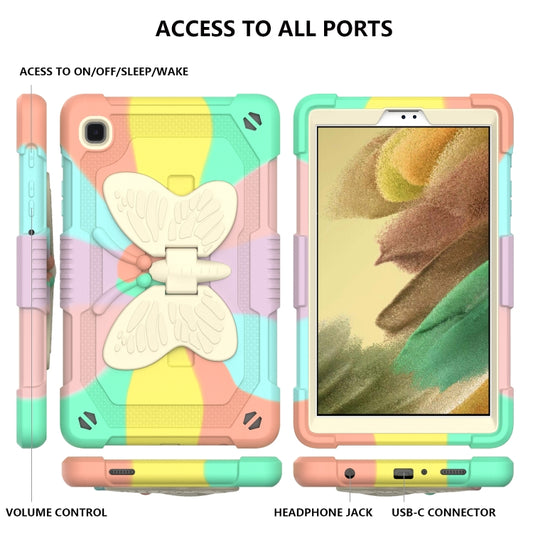 Galaxy Tab A7 Lite T220 T225 beige case featuring butterfly-shaped stand from multiple angles