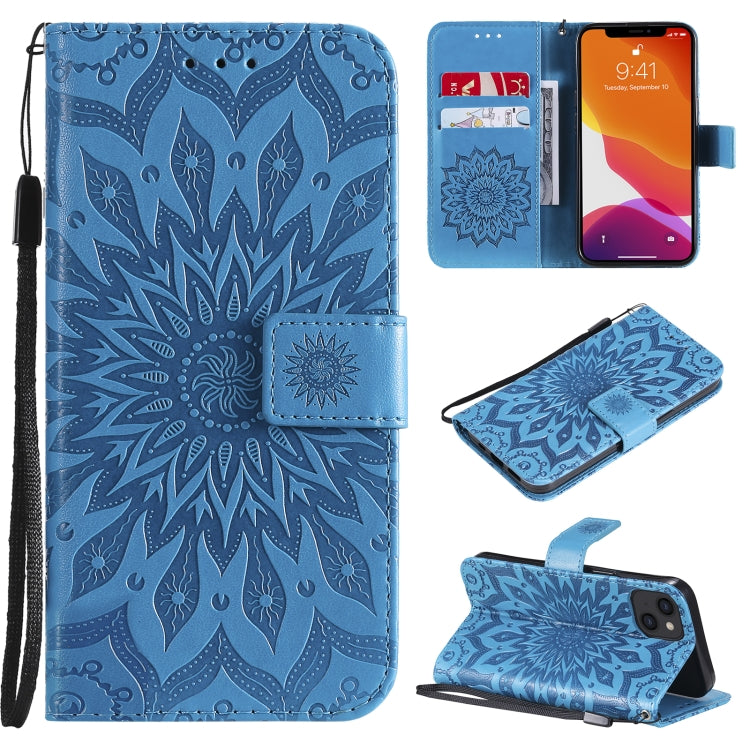Pressed Printing Sunflower Pattern Horizontal Flip PU Leather Case Holder & Card Slots & Wallet & Lanyard, For iPhone 13 mini, For iPhone 13, For iPhone 13 Pro