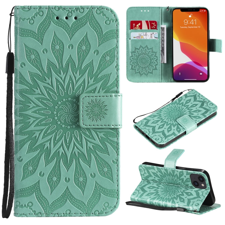 Pressed Printing Sunflower Pattern Horizontal Flip PU Leather Case Holder & Card Slots & Wallet & Lanyard, For iPhone 13 mini, For iPhone 13, For iPhone 13 Pro