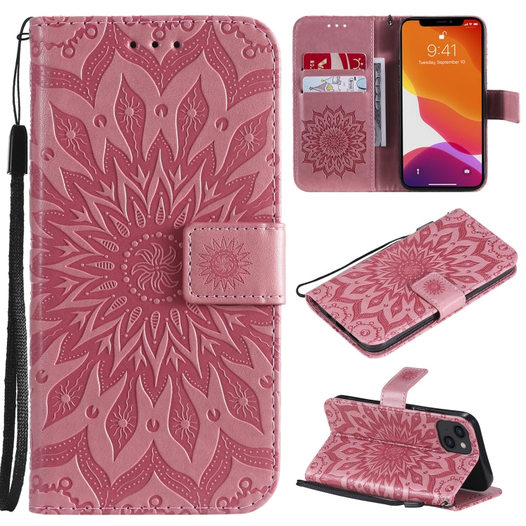 Pressed Printing Sunflower Pattern Horizontal Flip PU Leather Case Holder & Card Slots & Wallet & Lanyard, For iPhone 13 mini, For iPhone 13, For iPhone 13 Pro