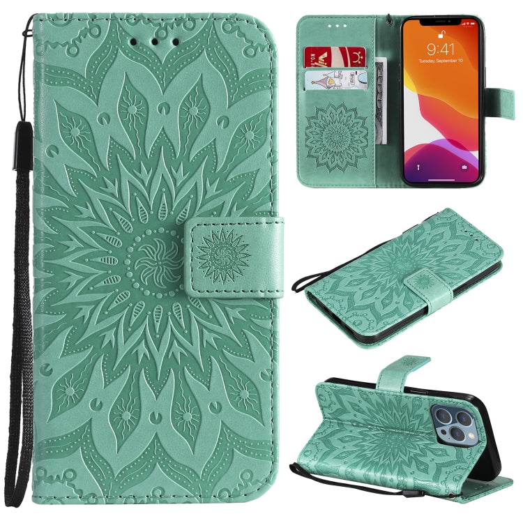 Pressed Printing Sunflower Pattern Horizontal Flip PU Leather Case Holder & Card Slots & Wallet & Lanyard, For iPhone 13 mini, For iPhone 13, For iPhone 13 Pro
