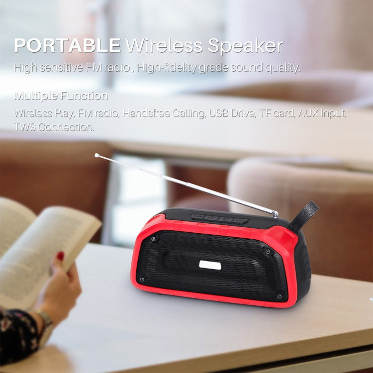 New Rixing NR-906FM TWS Waterproof Bluetooth Speaker Support Hands-free Call / FM with Handle & Antenna, NR-906FM (Emerald Green), NR-906FM (Black), NR-906FM (Red), NR-906FM (Army Green), NR-906FM (Dark Blue)