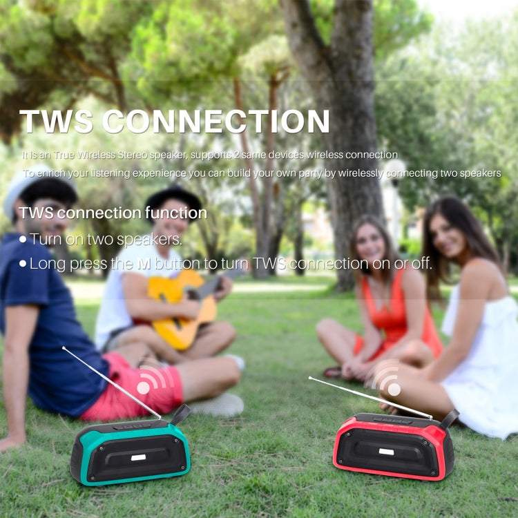 New Rixing NR-906FM TWS Waterproof Bluetooth Speaker Support Hands-free Call / FM with Handle & Antenna, NR-906FM (Emerald Green), NR-906FM (Black), NR-906FM (Red), NR-906FM (Army Green), NR-906FM (Dark Blue)
