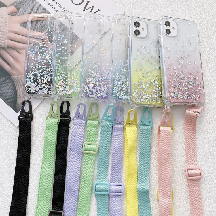 Gradient Glitter Powder Epoxy TPU Thickened Acrylic Shockproof Case with Wide Neck Lanyard, For iPhone 11 Pro, For iPhone 11 Pro Max