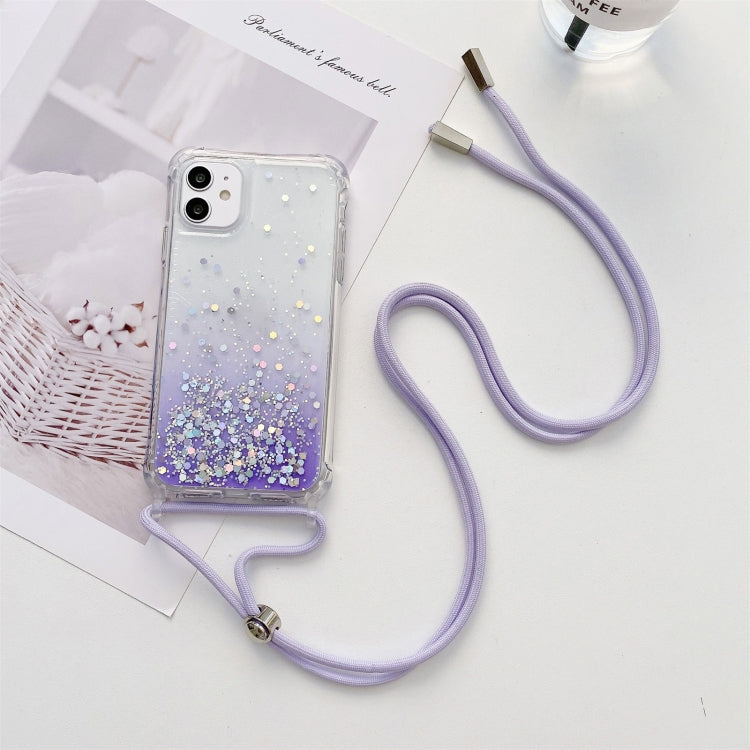 Gradient Glitter Powder Epoxy TPU Thickened Acrylic Shockproof Case with Round Neck Lanyard, For iPhone 11 Pro, For iPhone 11 Pro Max, For iPhone 13 mini
