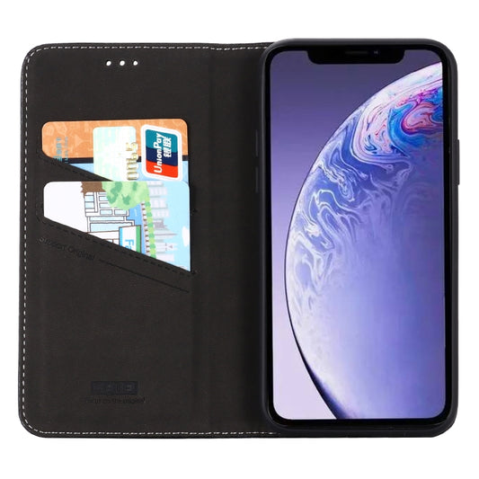 Dual-material iPhone 11 Pro Max flip case displaying TPU bumper protection