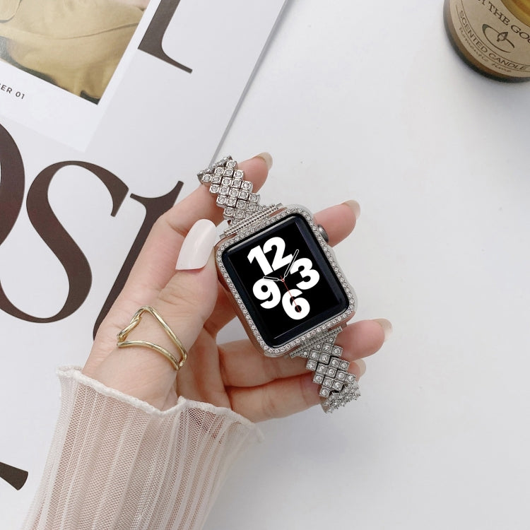 Rhombus Full Diamond Metal Replacement Wrist Strap Watchband + Case For Apple Watch Series, 6 & SE & 5 & 4 40mm, 6 & SE & 5 & 4 44mm, 3 & 2 & 1 42mm, 3 & 2 & 1 38mm