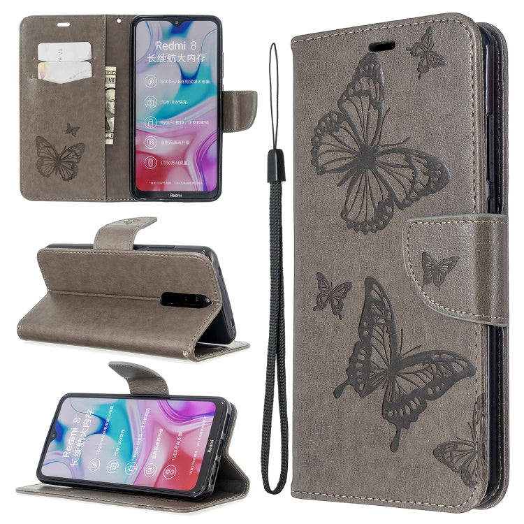 Embossing Two Butterflies Pattern Horizontal Flip PU Leather Case with Holder & Card Slot & Wallet & Lanyard, For Xiaomi Redmi  8