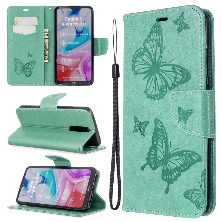 Embossing Two Butterflies Pattern Horizontal Flip PU Leather Case with Holder & Card Slot & Wallet & Lanyard, For Xiaomi Redmi  8