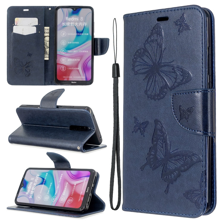 Embossing Two Butterflies Pattern Horizontal Flip PU Leather Case with Holder & Card Slot & Wallet & Lanyard, For Xiaomi Redmi  8