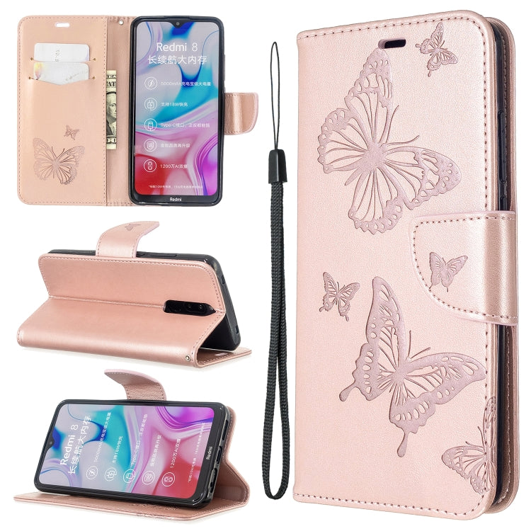 Embossing Two Butterflies Pattern Horizontal Flip PU Leather Case with Holder & Card Slot & Wallet & Lanyard, For Xiaomi Redmi  8
