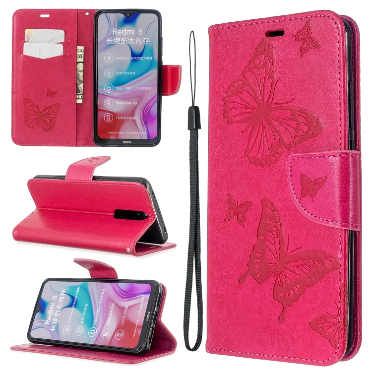 Embossing Two Butterflies Pattern Horizontal Flip PU Leather Case with Holder & Card Slot & Wallet & Lanyard, For Xiaomi Redmi  8