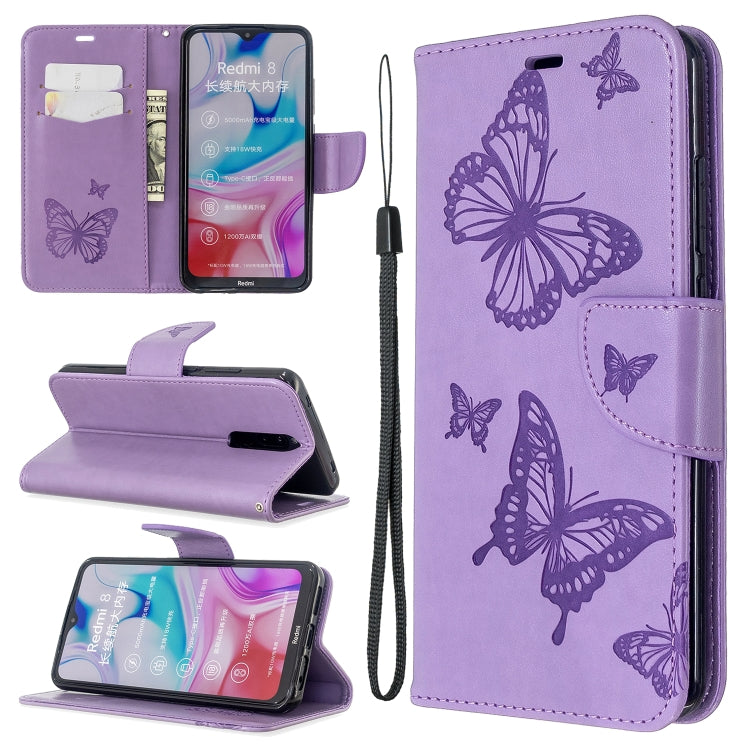 Embossing Two Butterflies Pattern Horizontal Flip PU Leather Case with Holder & Card Slot & Wallet & Lanyard, For Xiaomi Redmi  8