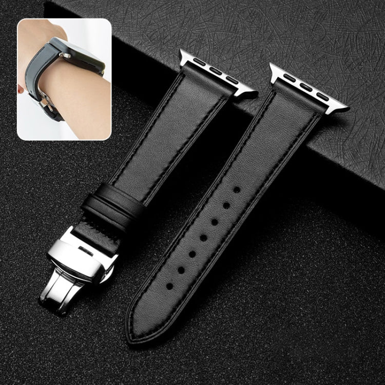Butterfly Clasp Business Top Layer Cowhide Leather Strap Watchband, For Apple Watch Series 8&7 41mm / SE 2&6&SE&5&4 40mm / 3&2&1 38mm, For Apple Watch Series 6&SE&5&4 44mm / 3&2&1 42mm, For Apple Watch Series 6&SE& 5&4 40mm / 3 & 2 & 1 38mm