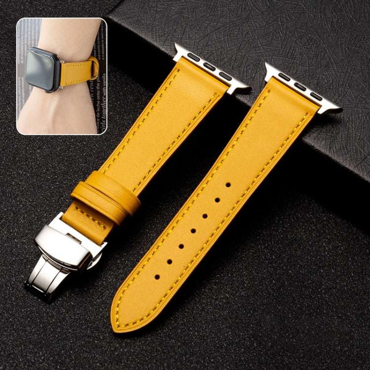 Butterfly Clasp Business Top Layer Cowhide Leather Strap Watchband, For Apple Watch Series 8&7 41mm / SE 2&6&SE&5&4 40mm / 3&2&1 38mm, For Apple Watch Series 6&SE&5&4 44mm / 3&2&1 42mm, For Apple Watch Series 6&SE& 5&4 40mm / 3 & 2 & 1 38mm