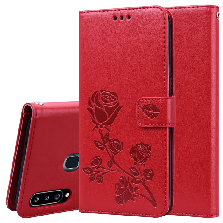 Étui à rabat horizontal en cuir PU avec motif rose en relief pour Galaxy A10, avec support, emplacements pour cartes et portefeuille, pour Galaxy A20s