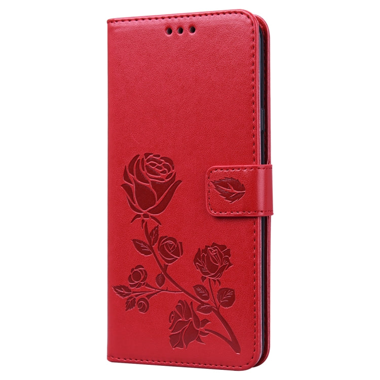 Étui à rabat horizontal en cuir PU avec motif rose en relief pour Galaxy A10, avec support, emplacements pour cartes et portefeuille, pour Galaxy A20s