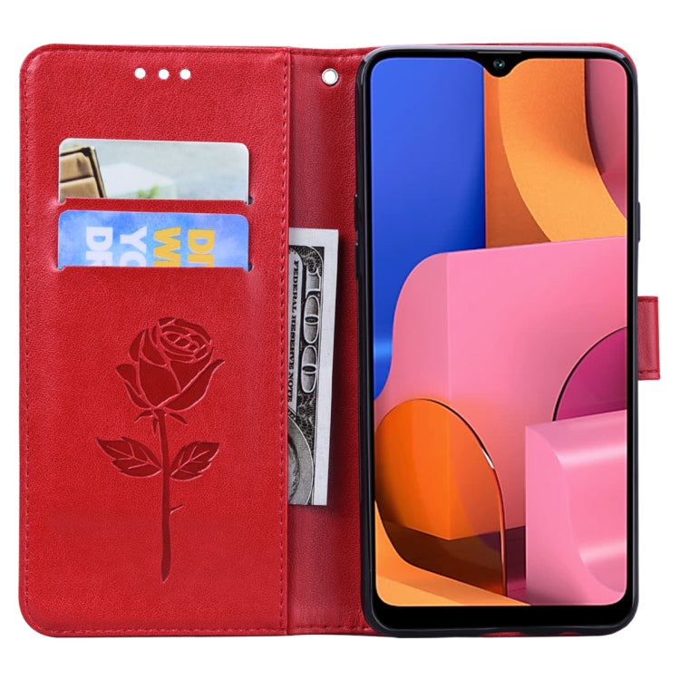 Étui à rabat horizontal en cuir PU avec motif rose en relief pour Galaxy A10, avec support, emplacements pour cartes et portefeuille, pour Galaxy A20s