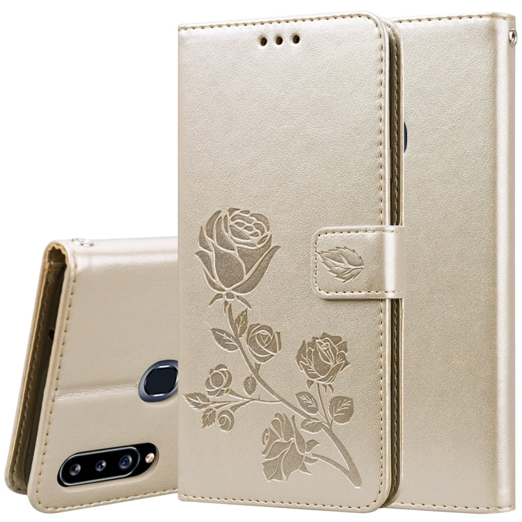 Étui à rabat horizontal en cuir PU avec motif rose en relief pour Galaxy A10, avec support, emplacements pour cartes et portefeuille, pour Galaxy A20s