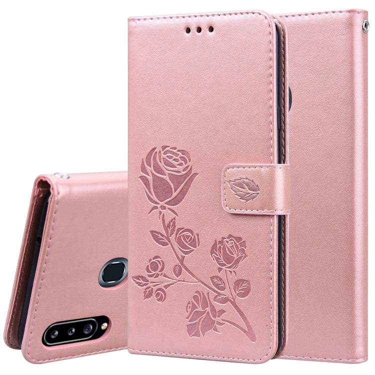 Étui à rabat horizontal en cuir PU avec motif rose en relief pour Galaxy A10, avec support, emplacements pour cartes et portefeuille, pour Galaxy A20s