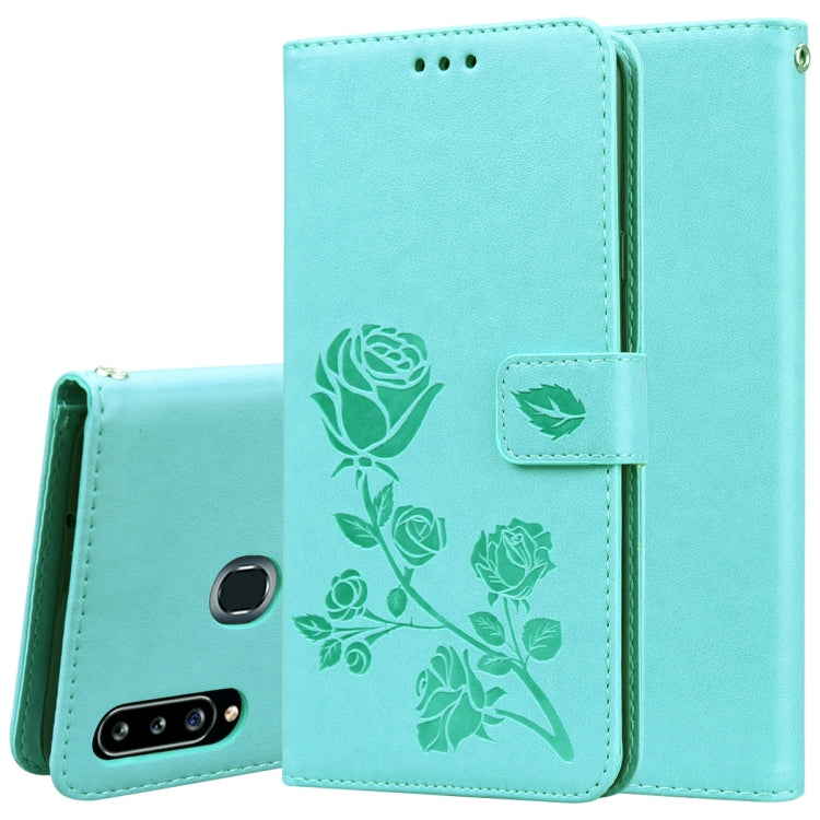 Étui à rabat horizontal en cuir PU avec motif rose en relief pour Galaxy A10, avec support, emplacements pour cartes et portefeuille, pour Galaxy A20s