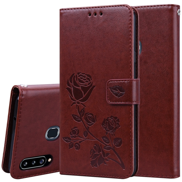 Étui à rabat horizontal en cuir PU avec motif rose en relief pour Galaxy A10, avec support, emplacements pour cartes et portefeuille, pour Galaxy A20s