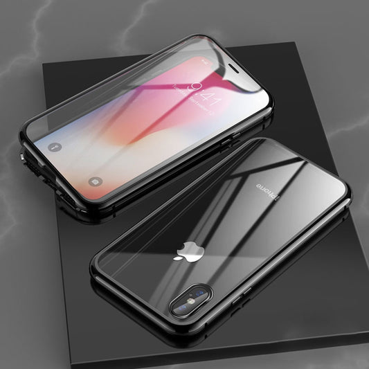 Magnetic adsorption flip case for iPhone XR featuring dual-sided glass protection