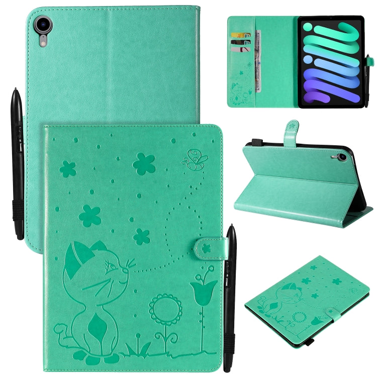 Étui à rabat horizontal en cuir avec motif gaufré chat-abeille pour iPad mini 6