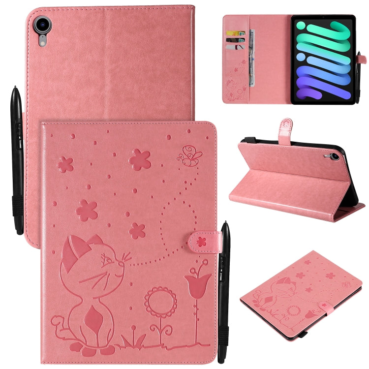 Étui à rabat horizontal en cuir avec motif gaufré chat-abeille pour iPad mini 6