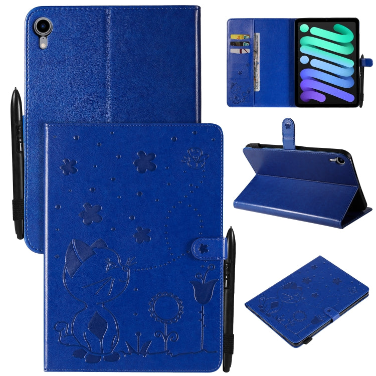 Étui à rabat horizontal en cuir avec motif gaufré chat-abeille pour iPad mini 6