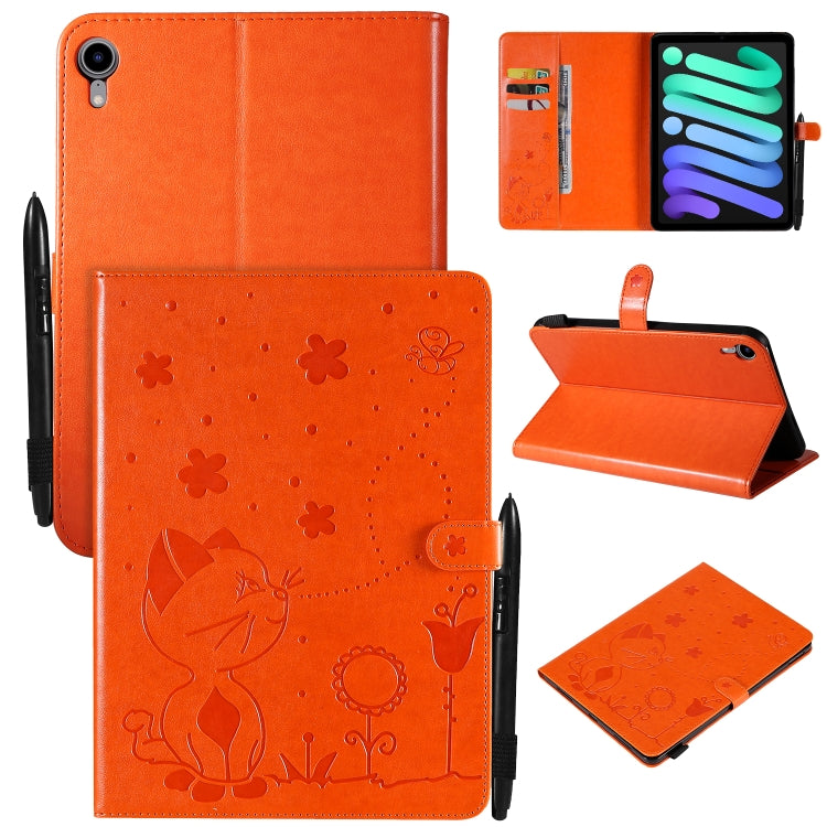 Étui à rabat horizontal en cuir avec motif gaufré chat-abeille pour iPad mini 6
