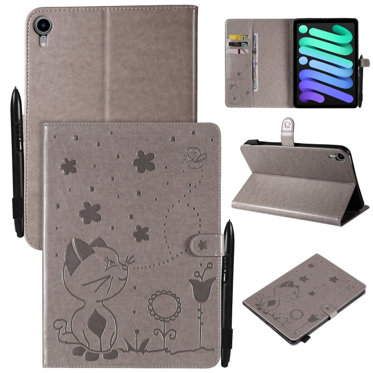 Étui à rabat horizontal en cuir avec motif gaufré chat-abeille pour iPad mini 6