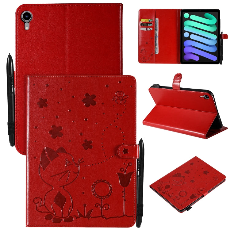 Étui à rabat horizontal en cuir avec motif gaufré chat-abeille pour iPad mini 6