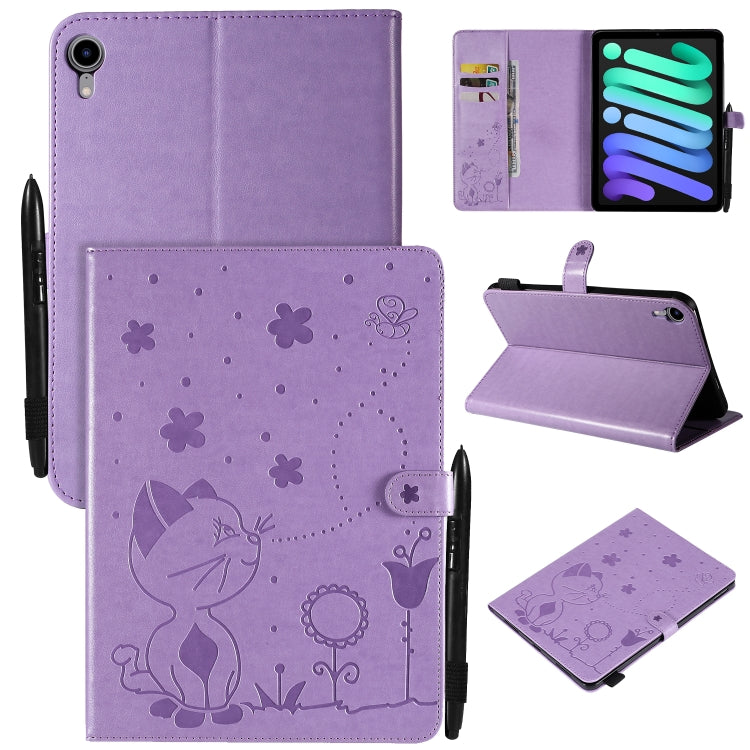 Étui à rabat horizontal en cuir avec motif gaufré chat-abeille pour iPad mini 6