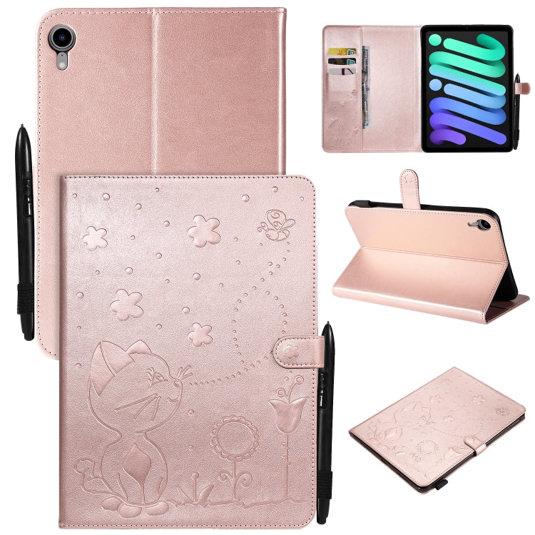 Étui à rabat horizontal en cuir avec motif gaufré chat-abeille pour iPad mini 6