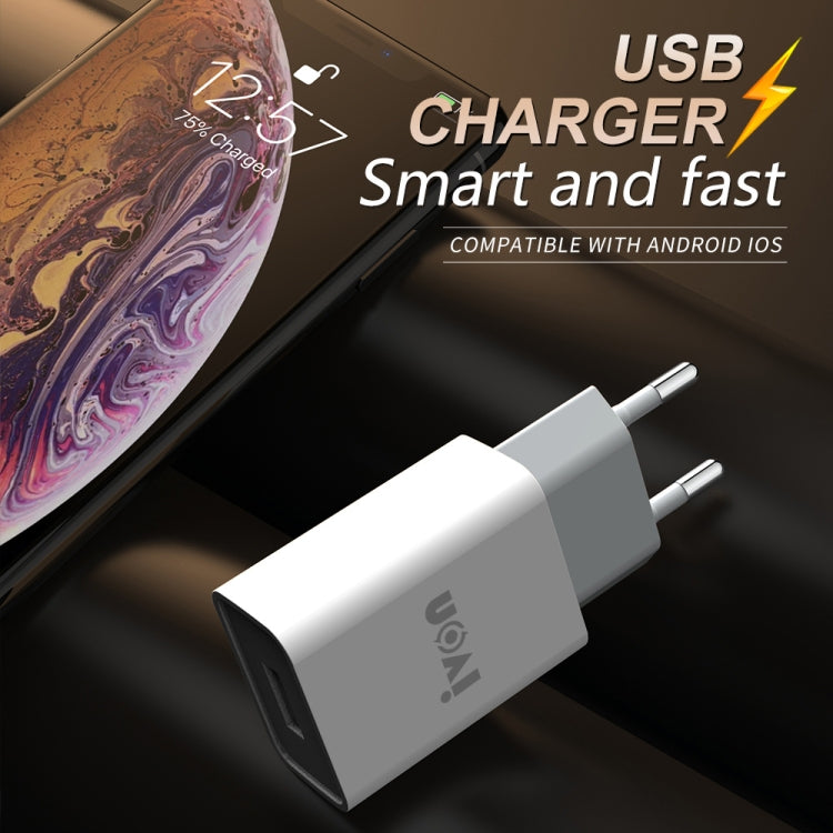 IVON AD-33 2 in 1 2.1A Single USB Port Travel Charger + 1m USB to 8 Pin Data Cable Set,, EU Plug, US Plug