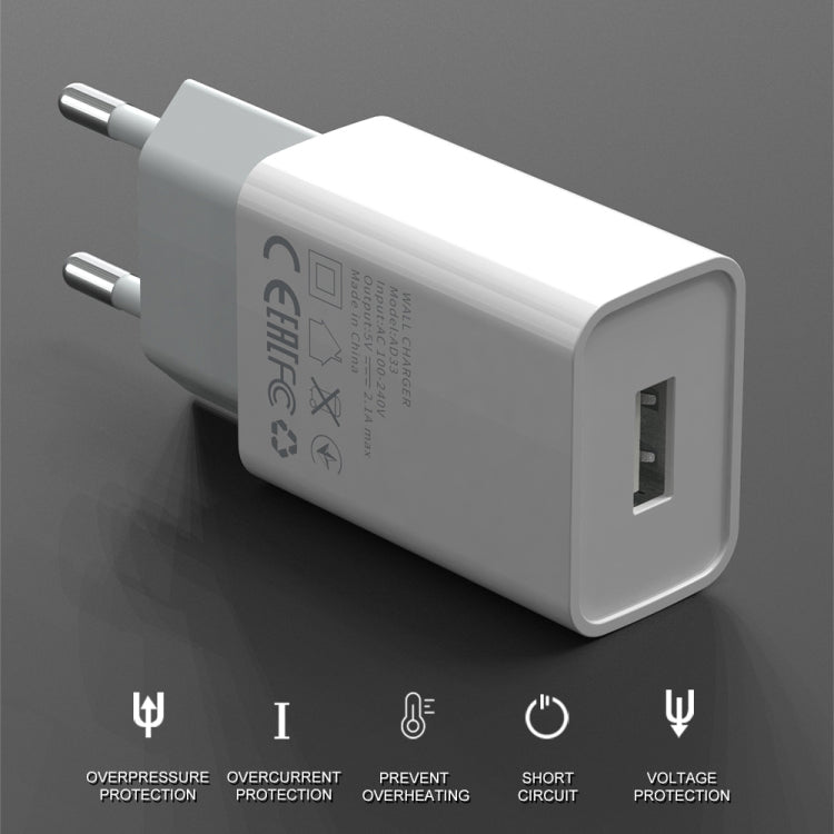 IVON AD-33 2 in 1 2.1A Single USB Port Travel Charger + 1m USB to 8 Pin Data Cable Set,, EU Plug, US Plug