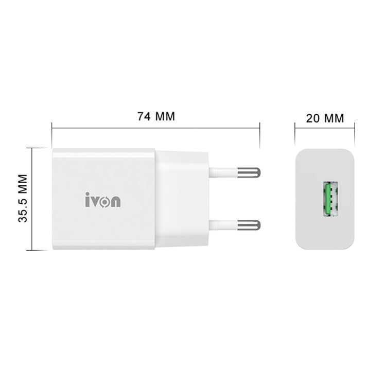 IVON AD-35 2 in 1 18W QC3.0 USB Port Travel Charger + 1m USB to 8 Pin Data Cable Set,, EU Plug, US Plug