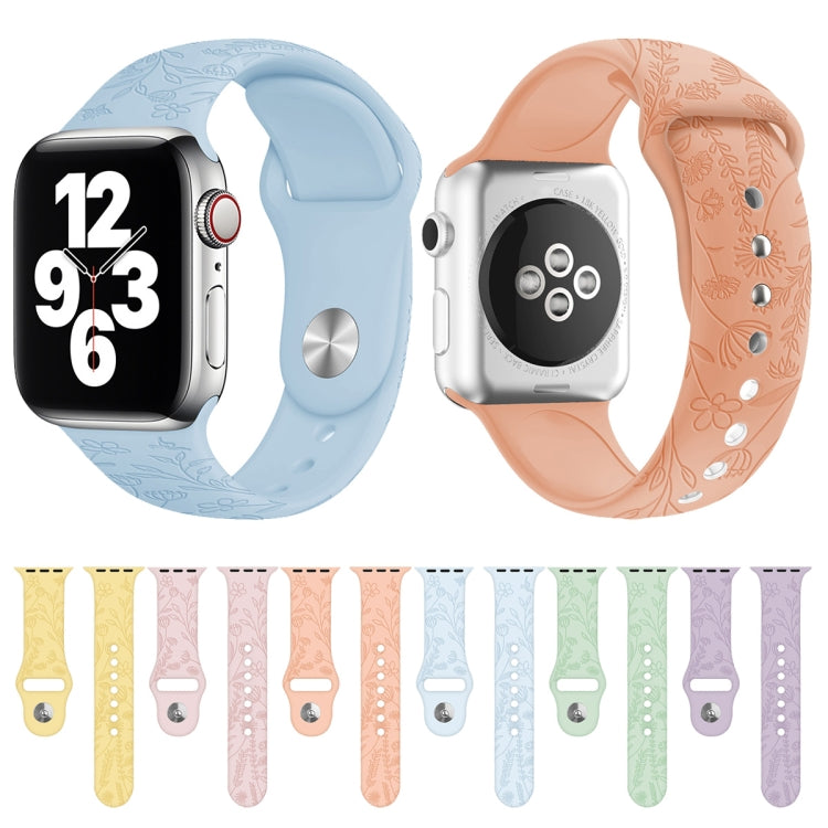 Butterflies Love Flower Embossing Silicone Watchband For Apple Watch Series, 7 41mm / 6&SE&5&4 40mm / 3&2&1 38mm, 7 45mm / 6&SE&5&4 44mm / 3&2&1 42mm