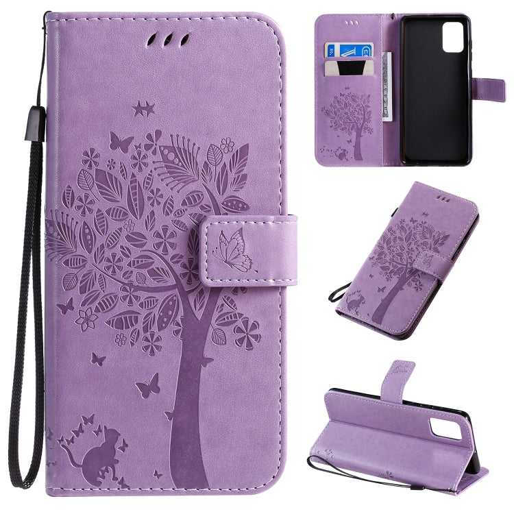 Tree & Cat Pattern Pressed Printing Horizontal Flip PU Leather Case with Holder & Card Slots & Wallet & Lanyard, For Galaxy A51, For Galaxy A71
